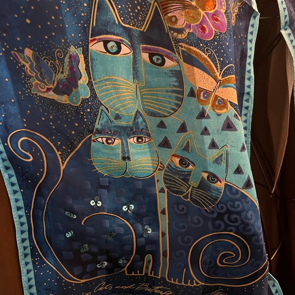*Sold* Laurel Burch Indigo Cats and Butterflies 100% Silk Oblong Scarf 53 X 11! - Picture 5 of 12